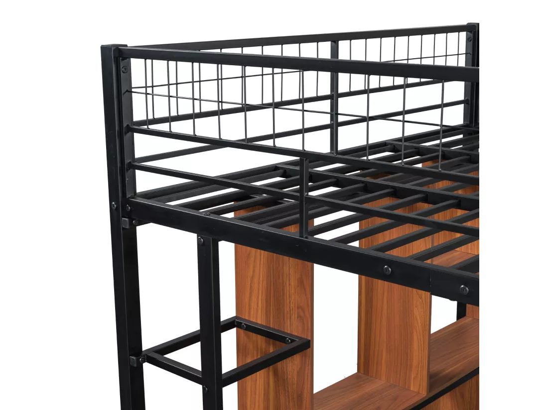 Lit mezzanine 140 x 200 cm avec armoire et étagères - Métal + Contreplaqué + MDF - Sommier à lattes - Noir