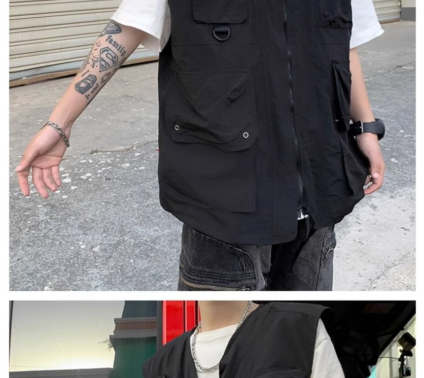 Femilina - V-hals effen utility vest met rits