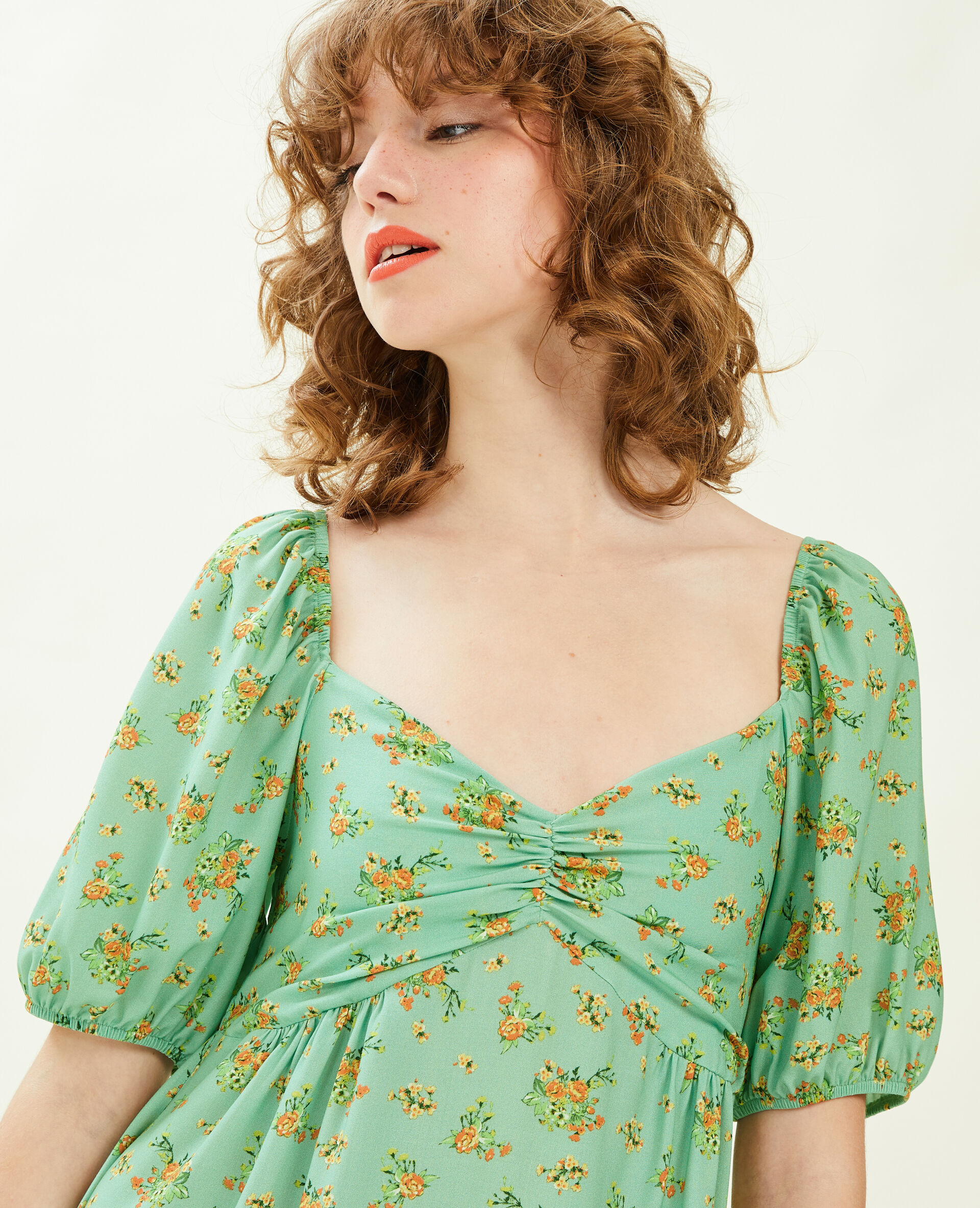 Robe midi manches ballons motifs fleurs - Orange