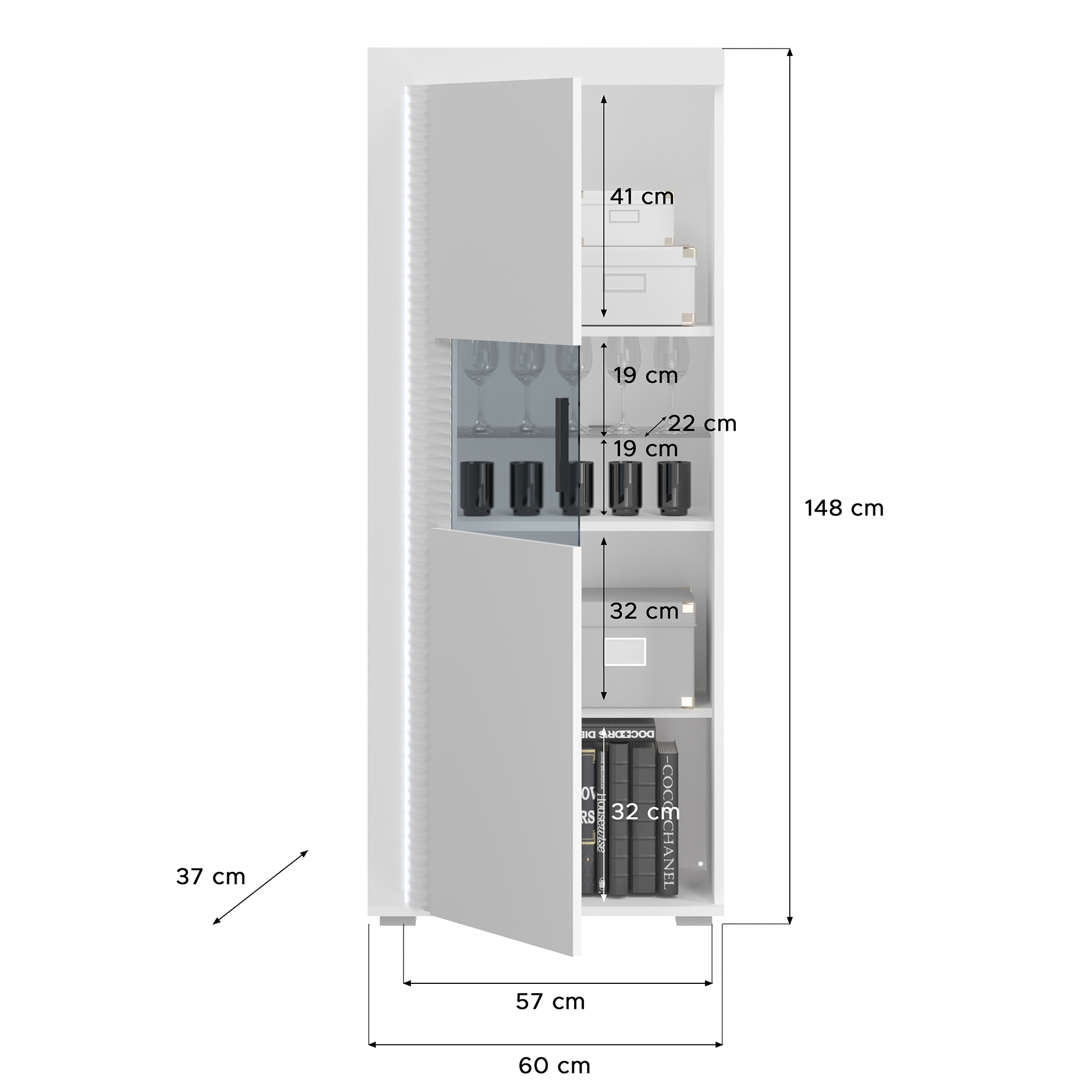 Vitrine SKYLIGHT halbhoch - weiß Hochglanz - mit Beleuchtung - 148 cm hoch