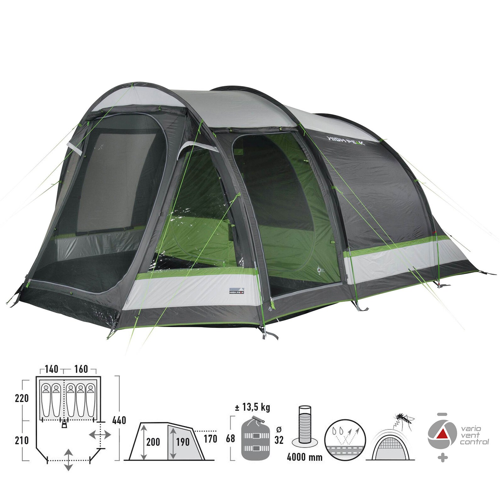 HIGH PEAK Tunnelzelt Meran 5.0 Personen Camping Familien Zelt 2 Kabinen Vorraum