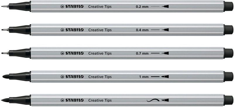 STABILO Creative Tips - Pennenset met diverse puntdiktes – ARTY – Etui met 5 stuks – Zwart