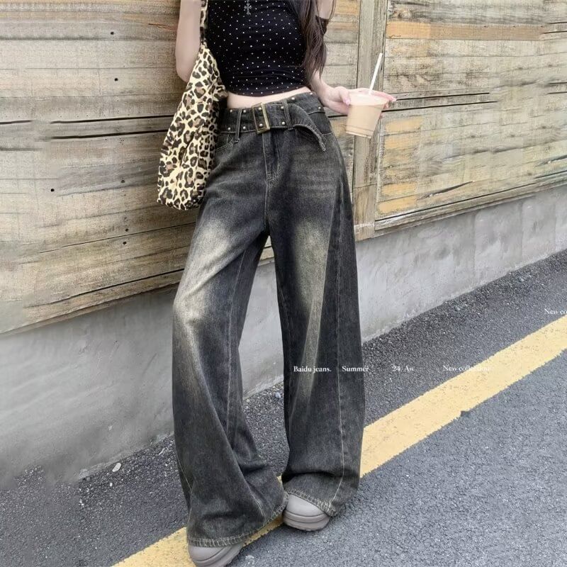 Cossita - High Waist Washed Wide Leg Jeans met riem