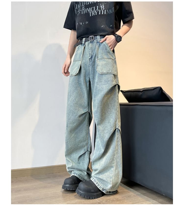 Filmas - Mid Rise Washed Ruched Wide Leg Cargo Jeans