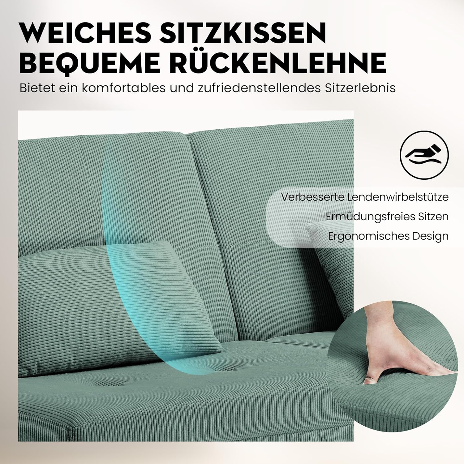 COMHOMA Sofa Schlafsofa mit Schlaffunktion, überzug Futon Klappsofa, Bettcouch, ecksofa, Couch Gästebett, 3-Sitzer Sofa, mit verstellbare Rückenlehne aus Cordstoff Grün