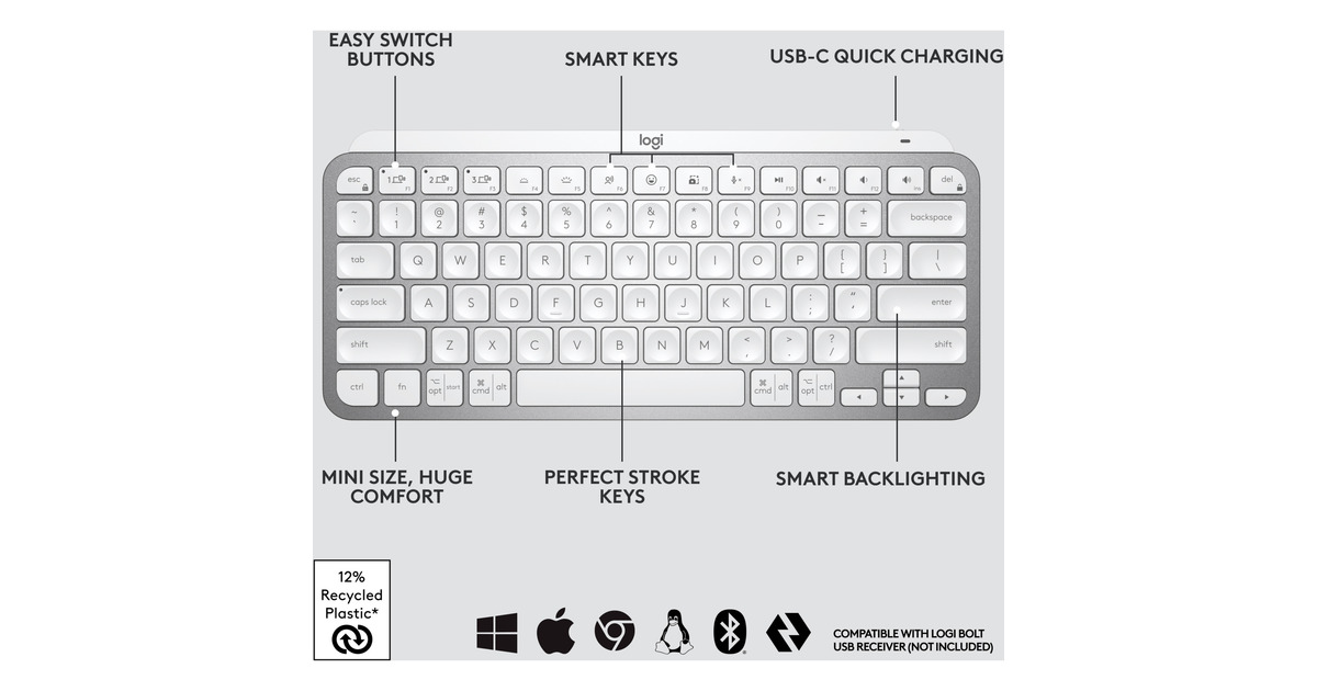 LogitechMX Keys Mini Minimalist Wireless Illuminated Keyboard, toetsenbord  (Lichtgrijs, US-International, Bluetooth)