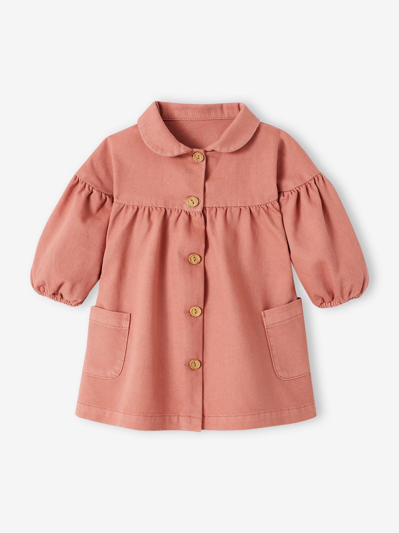 Vestido rosa de sarja com gola Peter Pan para bebê