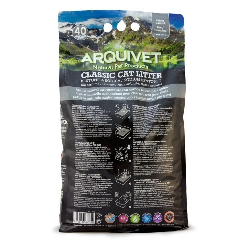 Areia higiênica clássica para gatos, com bentonita sódica e efeito aglomerante.