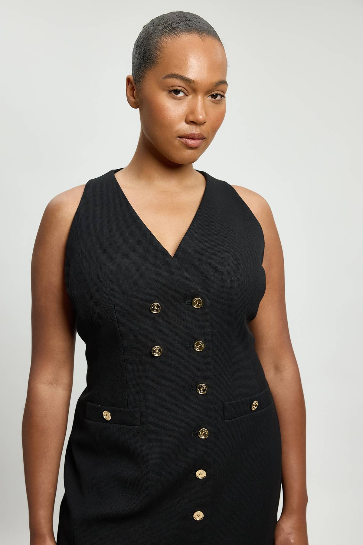 KarenMillen Robe Midi Grande Taille Texturée Extensible Compacte Col V Avec Détails Boutonnés