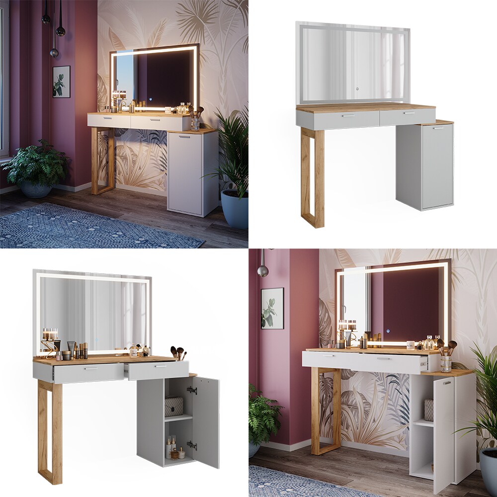 Vicco Schminktisch Regina Weiß Eiche 130 cm mit LED-Spiegel