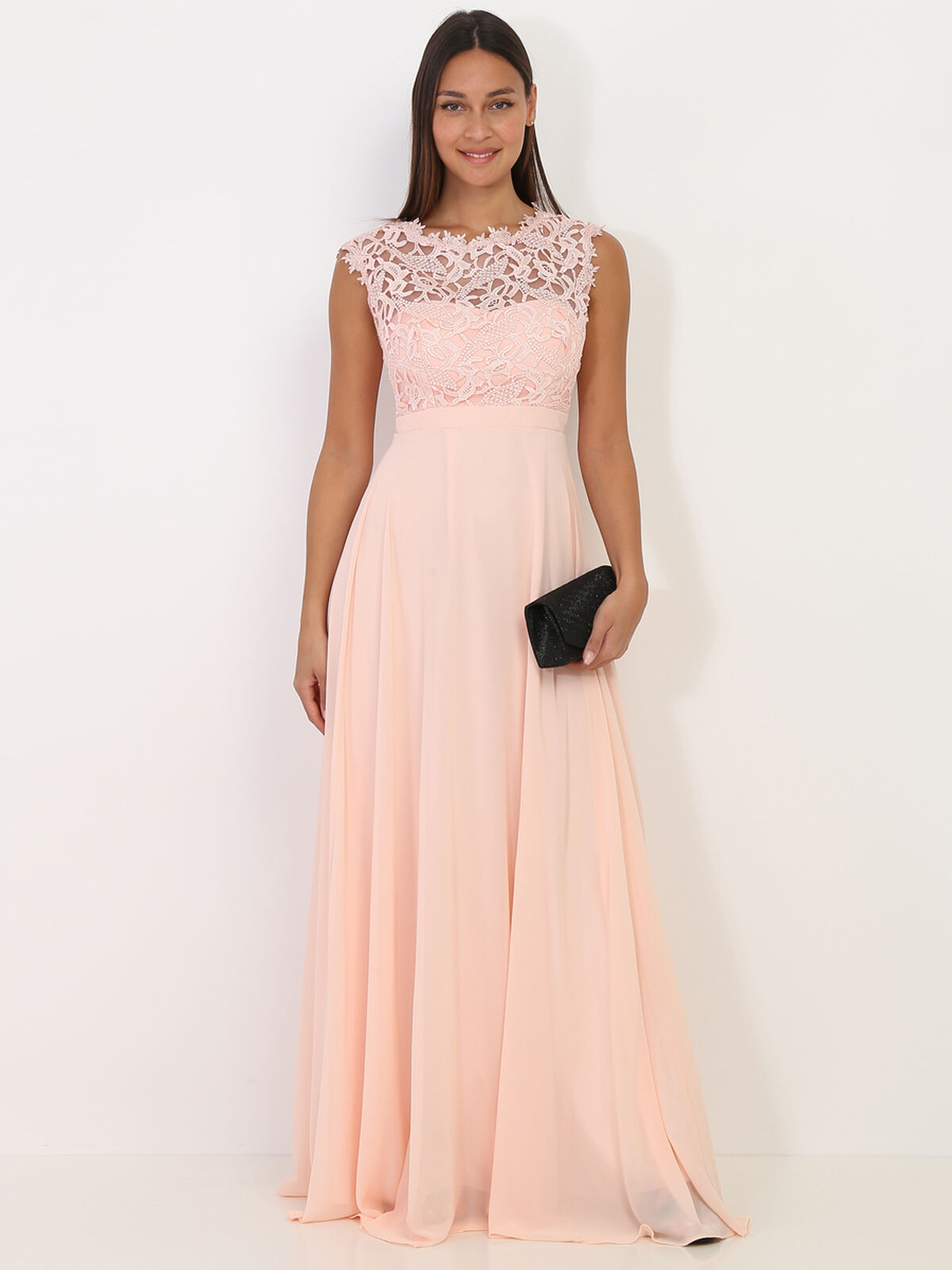 Robe longue à dentelle- Rose