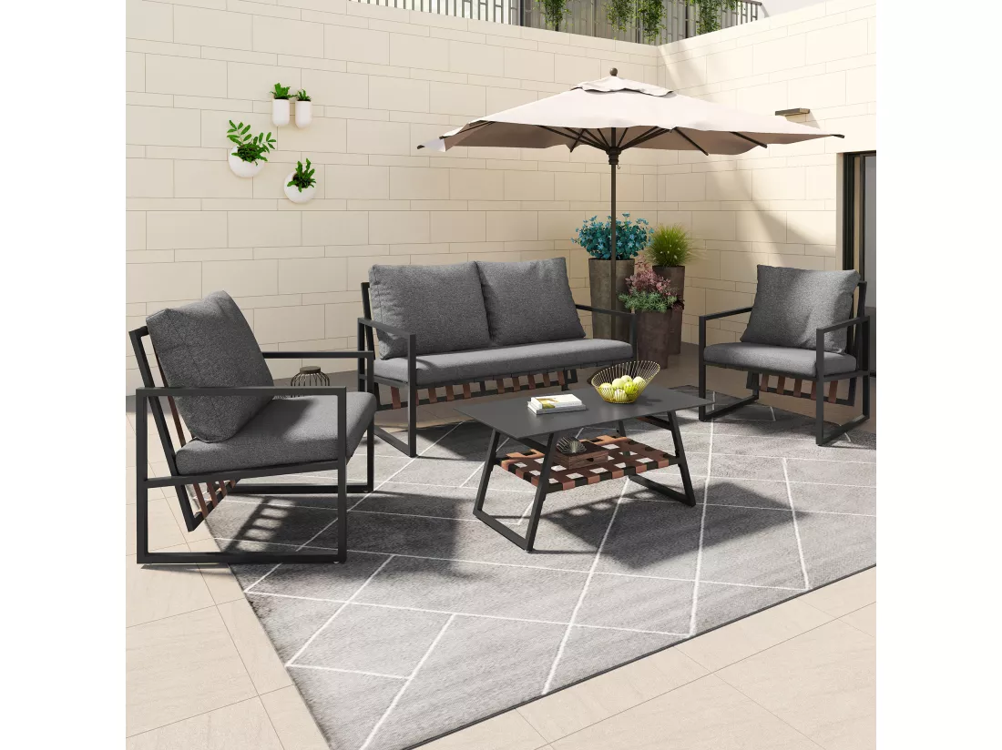 Salon de jardin, salon de jardin pour 4 personnes avec canapé, table basse et coussins, housse amovible en tissu, noir