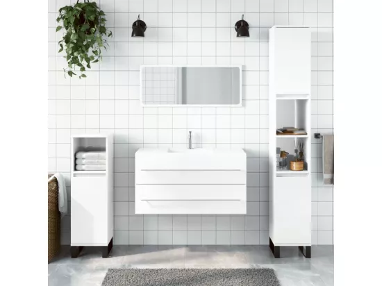 Armoire de bain avec miroir blanc brillant bois d'ingénierie