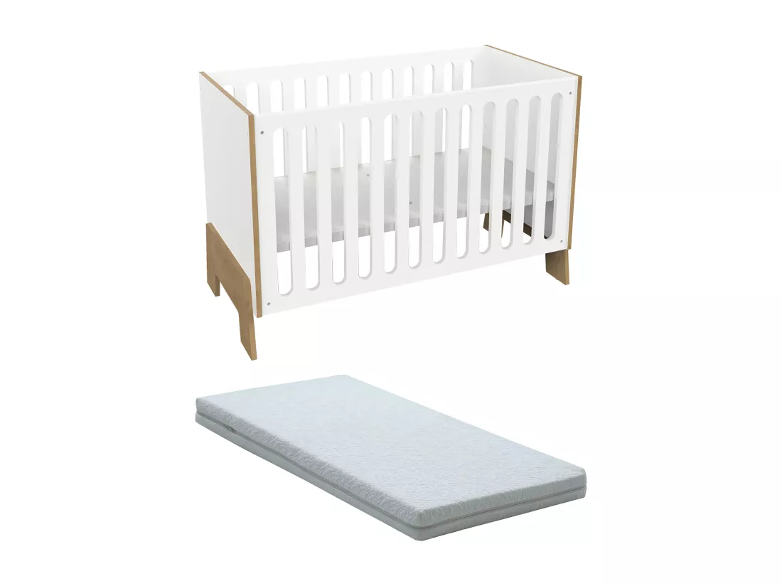 Lit bébé 60 x 120 cm - MDF - Blanc et naturel + Matelas - BERUVO