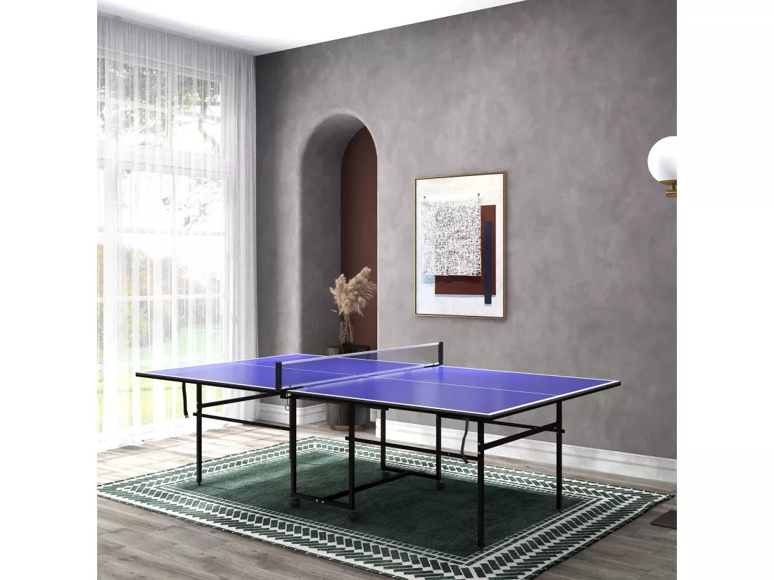 Table de ping-pong pliable compacte avec 4 roulettes bleu