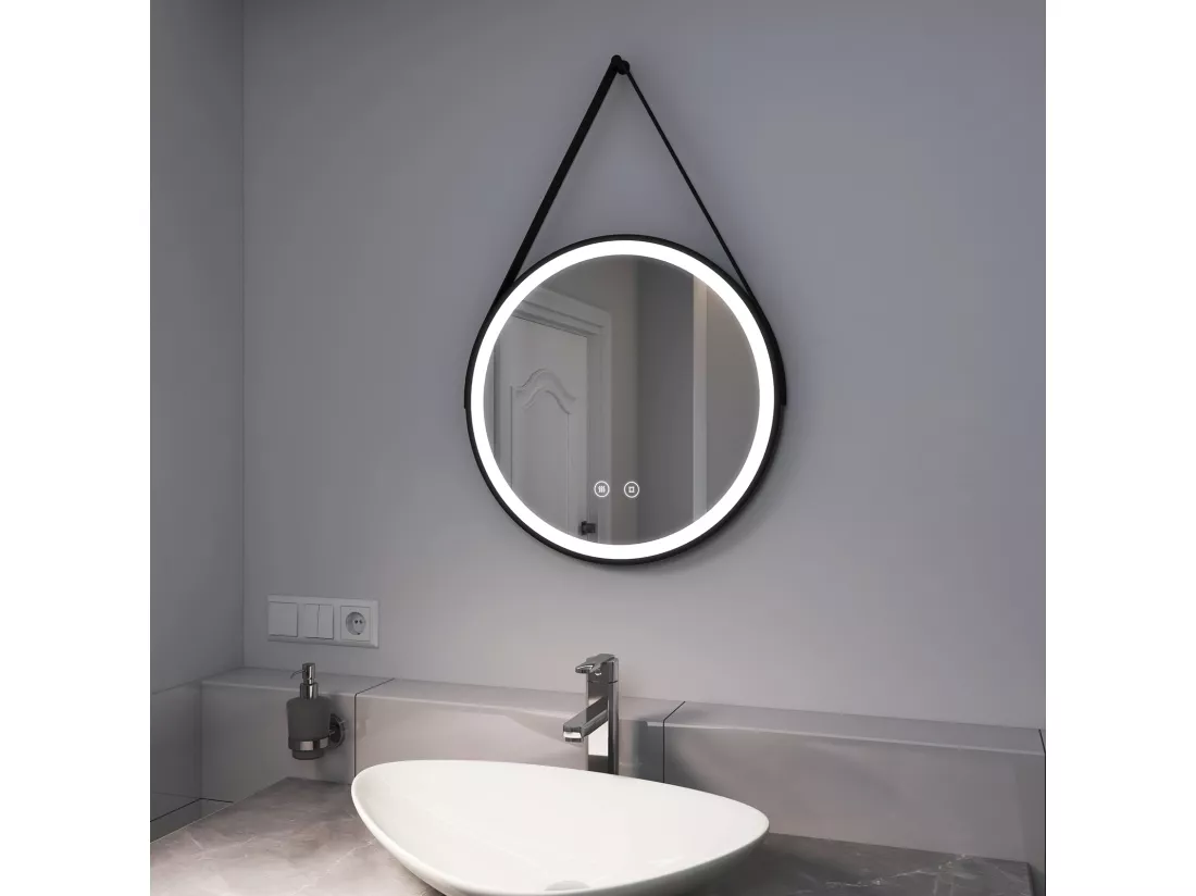EMKE Miroir lumineux salle de bain rond diamètre 50cm cadre noir, Sangle réglable, Miroir LED avec Interrupteur Tactile, Anti-buée, Lumière Froide