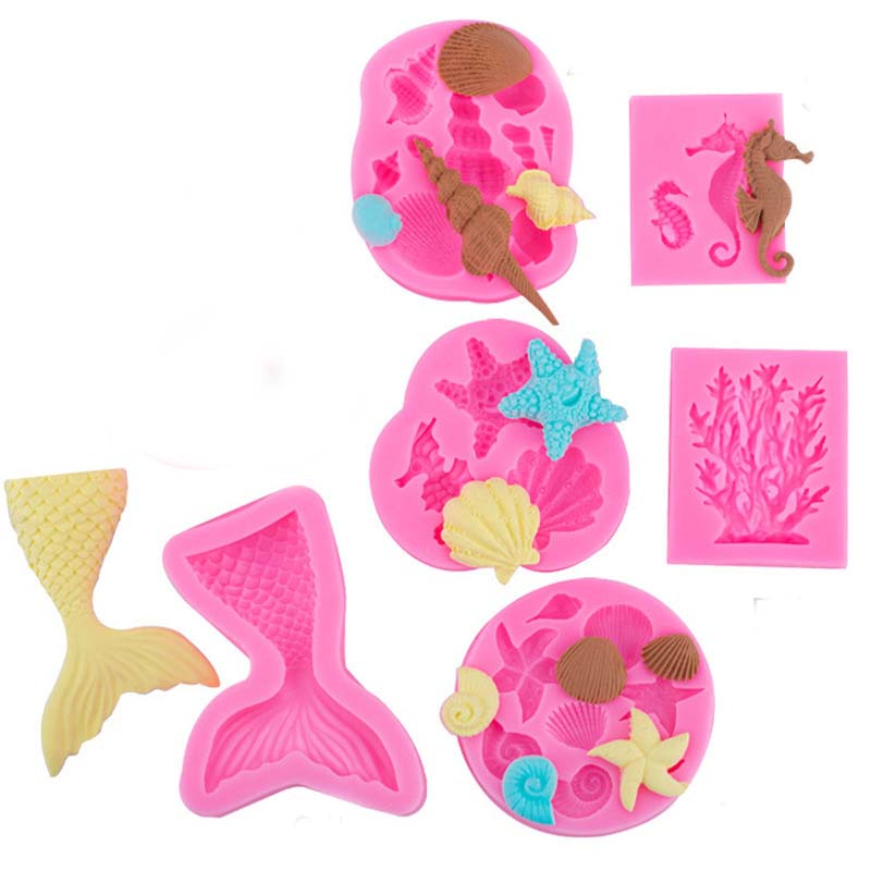 (6er Set) 25-fach Silikon 3D Pralinen Form für Fondant / Schokolade Kuchen   Muffin Dekoration - Meerjungfrau / Muschel