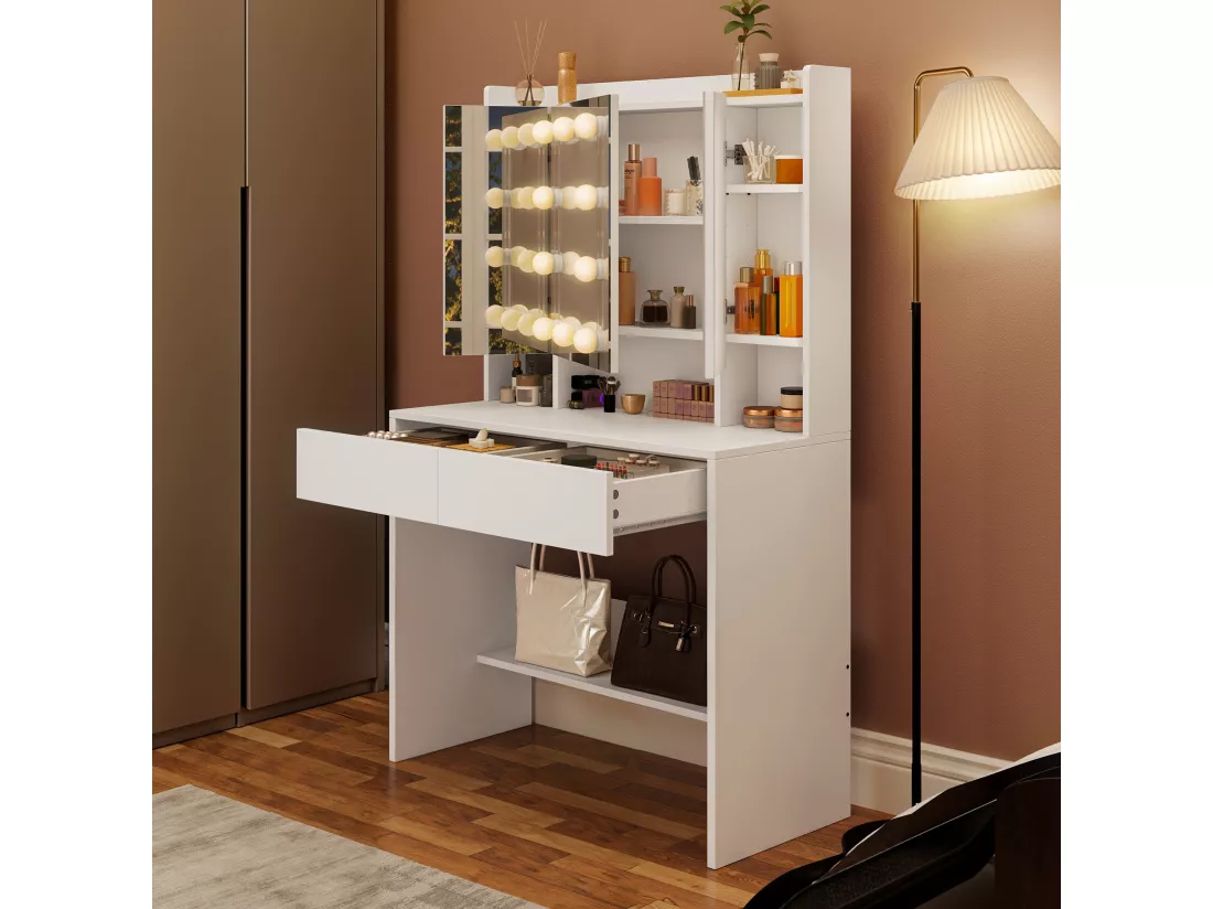 YITAHOME Coiffeuse avec Miroir - 3 Couleurs avec Luminosité Réglable - Coiffeuse avec Étagères pour Maquillage - 2 tiroirs - Blanc