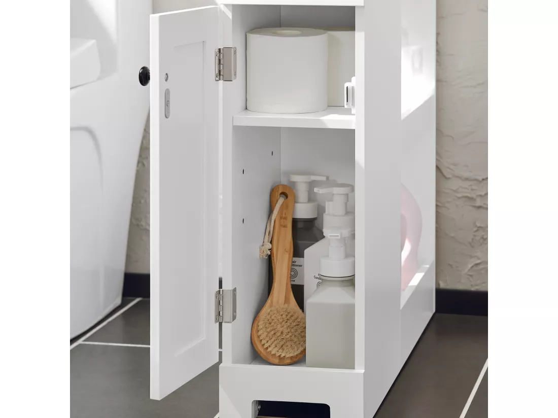 SoBuy BZR106-W Meuble de Rangement Salle de Bain Étroit sur Roulettes, Support Papier Toilette, Armoire Toilettes WC 1 tiroir, 1 porte et 3 étagères