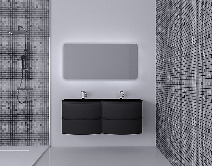 Ensemble salle de bains l.138 cm meuble sous vasque graphite mat + plan double vasque verre noir mat Vague