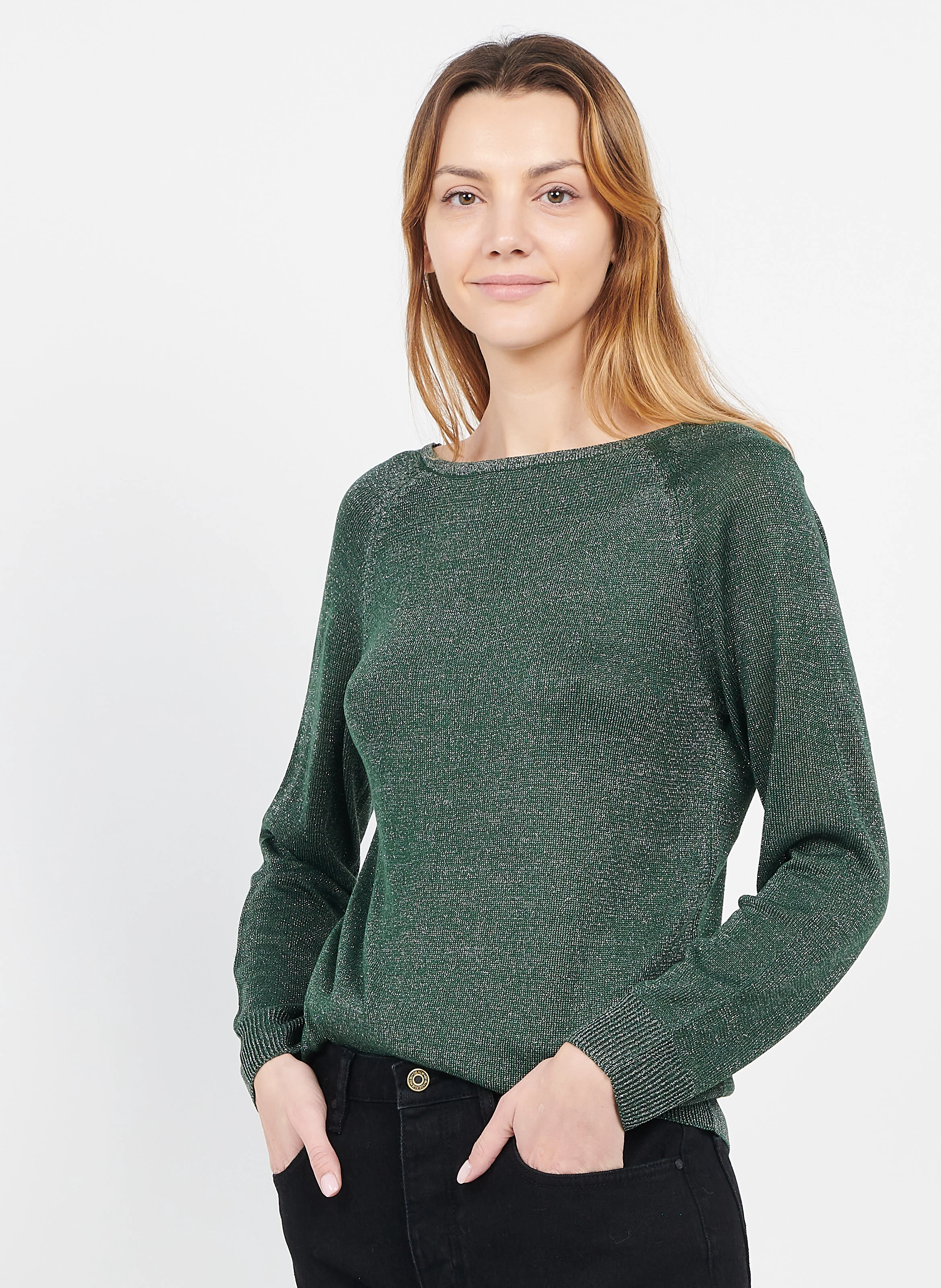 Pull à col v effet brillant| Vert