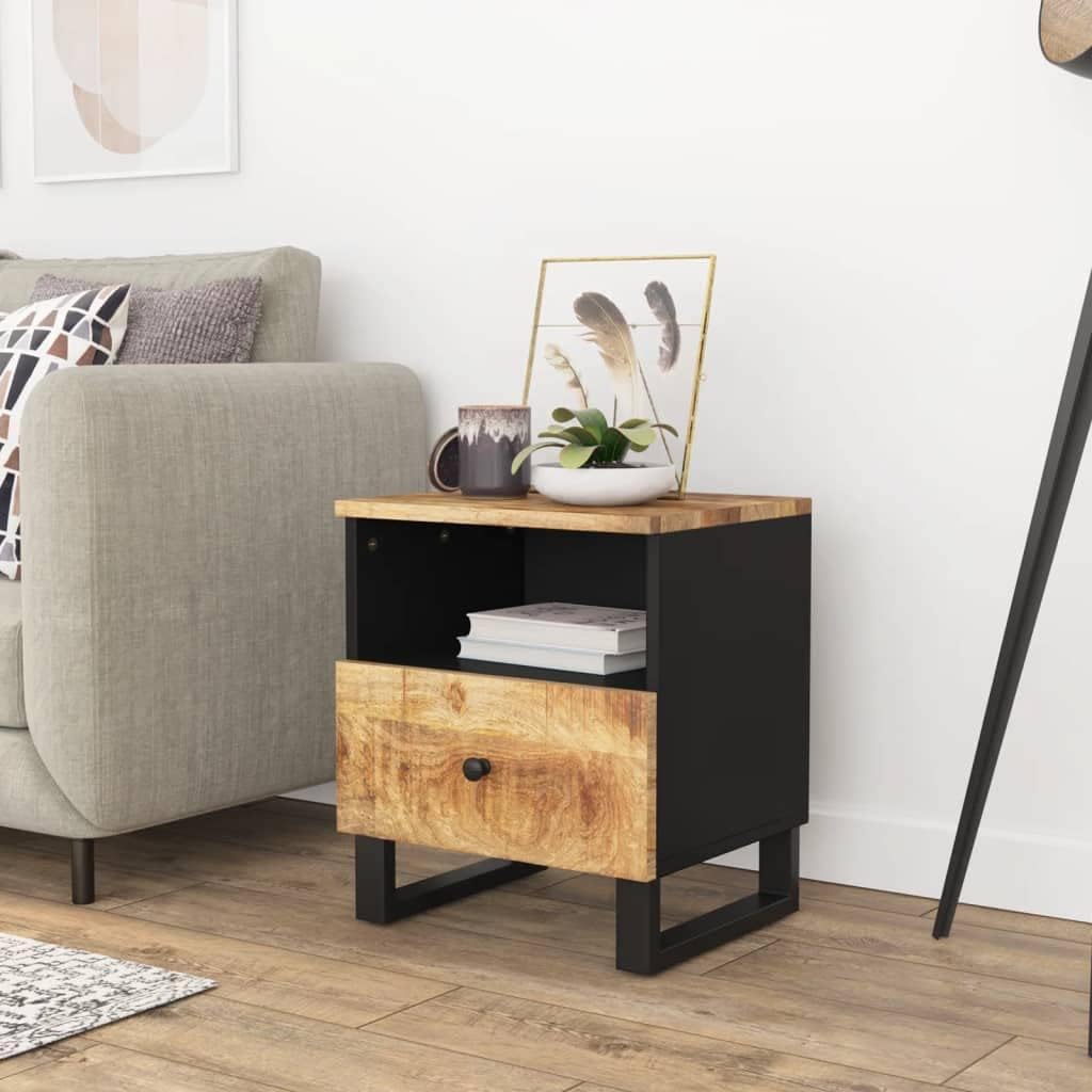Nachttisch Massivholz Mango & Holzwerkstoff Industrial Style mit Metallbeinen, 1 Fach und 1 Schublade für Stauraum, stabile Oberplatte