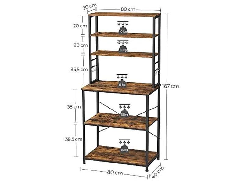 VASAGLE Küchenregal mit Ablagen und Haken 80 x 167 cm, Brau Standregal aus Holz