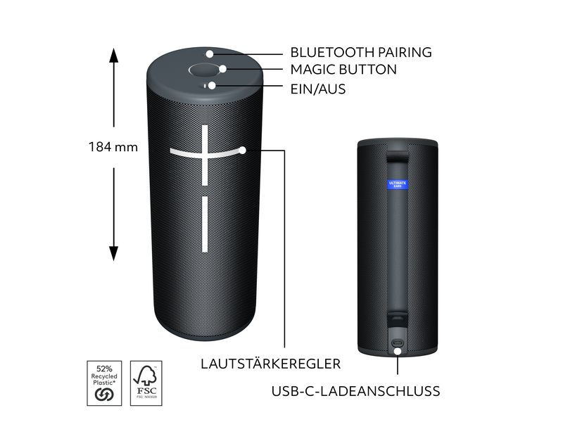Ultimate Ears Bluetooth Speaker BOOM 4 Schwarz Portabler Lautsprecher, wasserdicht, mit ausgewogenem 360°-Sound und tiefen Bässe