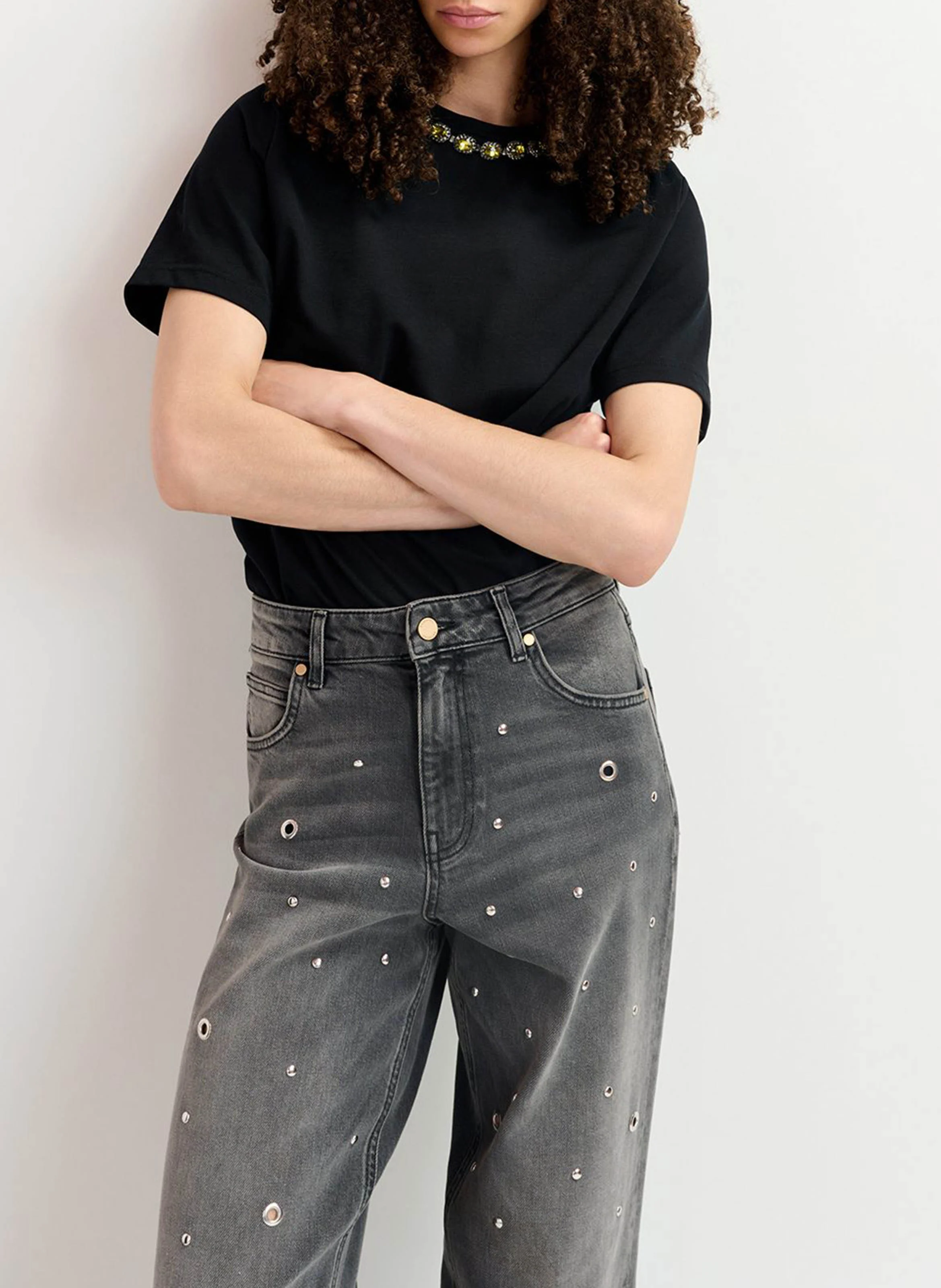 GARMENT - Jean droit orné d'œillets en coton mélangé | Gris