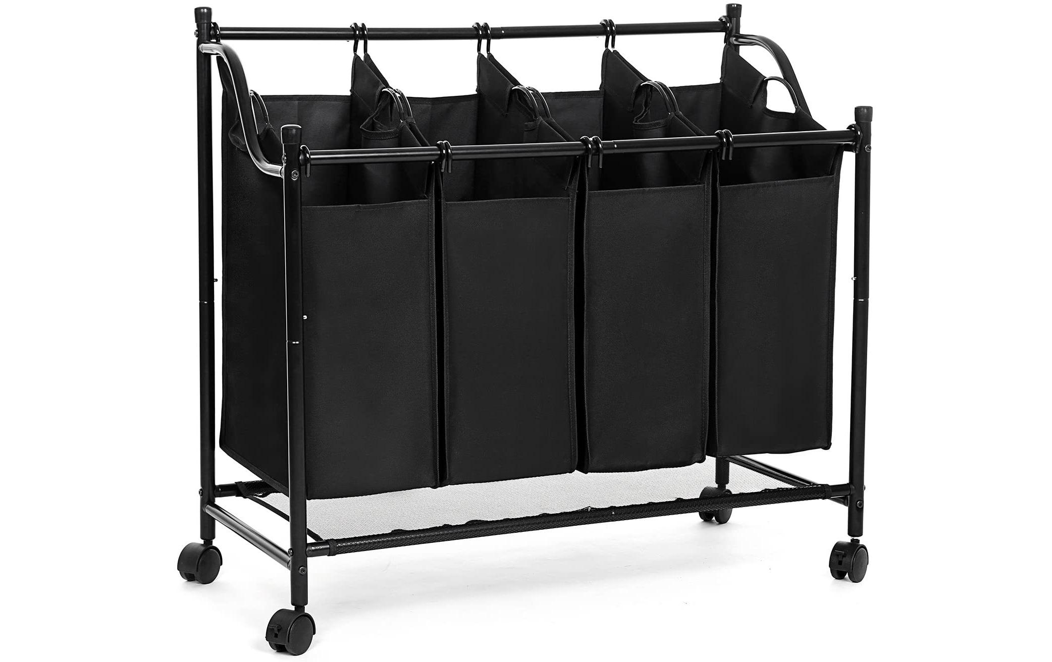 Wäschesammler mit 4 Fächern 120 l, SchwarzWäschewagen mit 3 Fächern