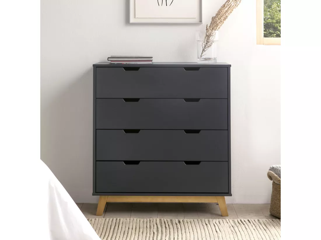 Commode Miranda avec 4 tirois en Couleur Anthracite, Pieds en Bois Naturel