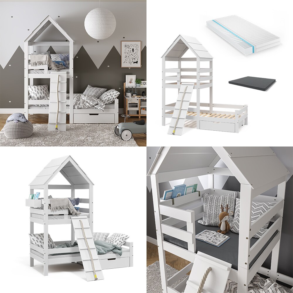 VitaliSpa Spielturmbett Kinderbett Spielbett Teddy Weiß modern 208x235 cm Massivholz Kinderzimmer Lattenrost Bett Schublade Matratze Abenteuerbett Kletterbett