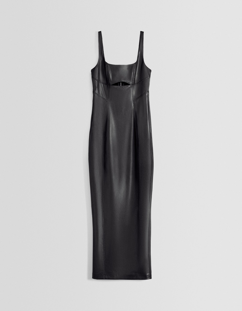 Vestido midi justo com alças e efeito couro.
