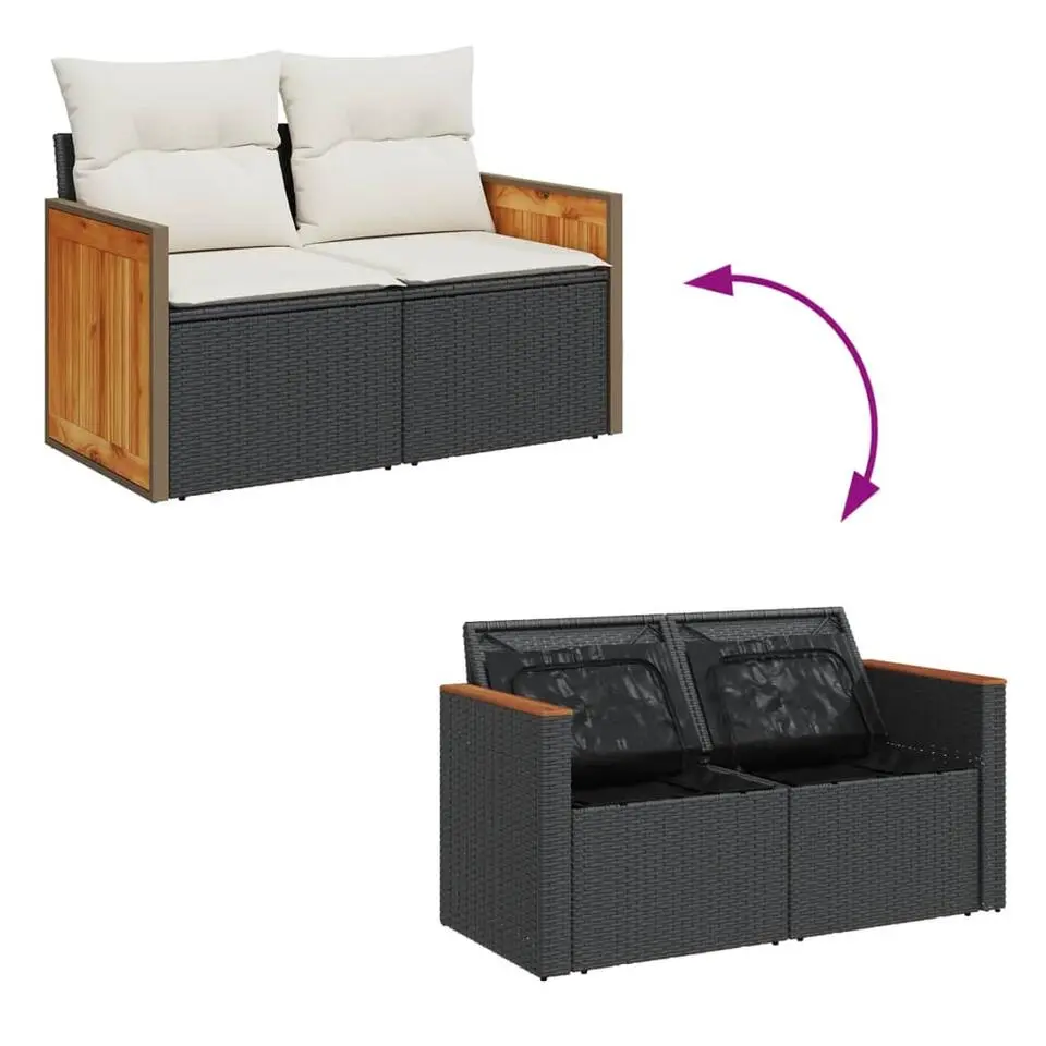 vidaXL - Tuinbank 2-zits - Zwart - Poly rattan - Met kussens