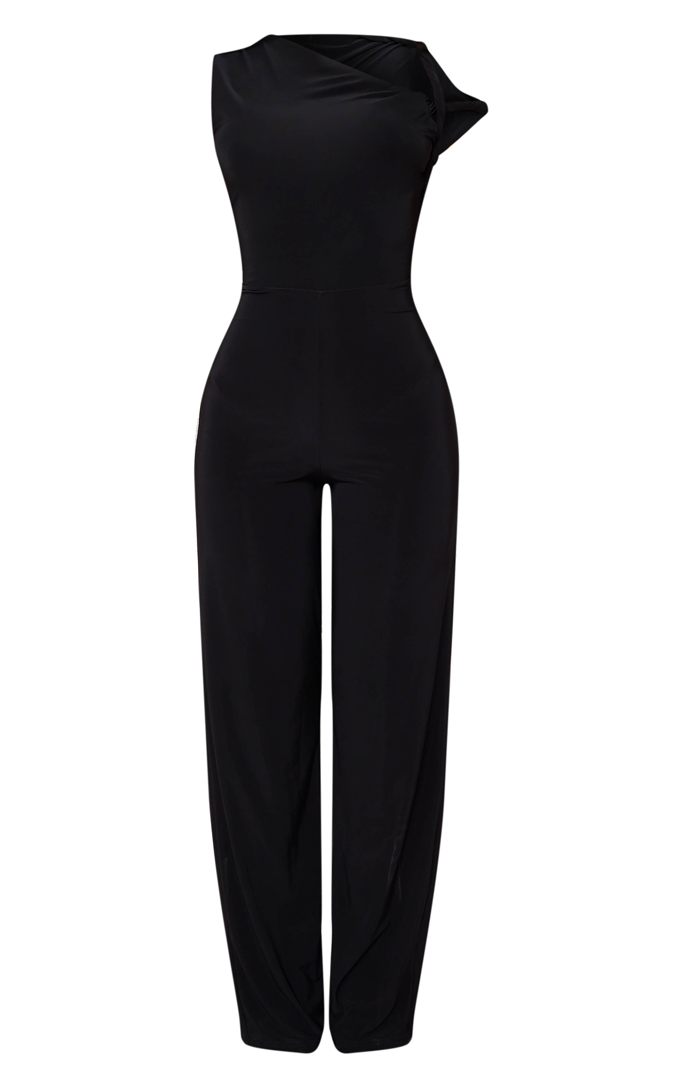 Noir Combinaison Pantalon Large Petite Taille En Slinky Avec Détail Torsadé Aux Épaules