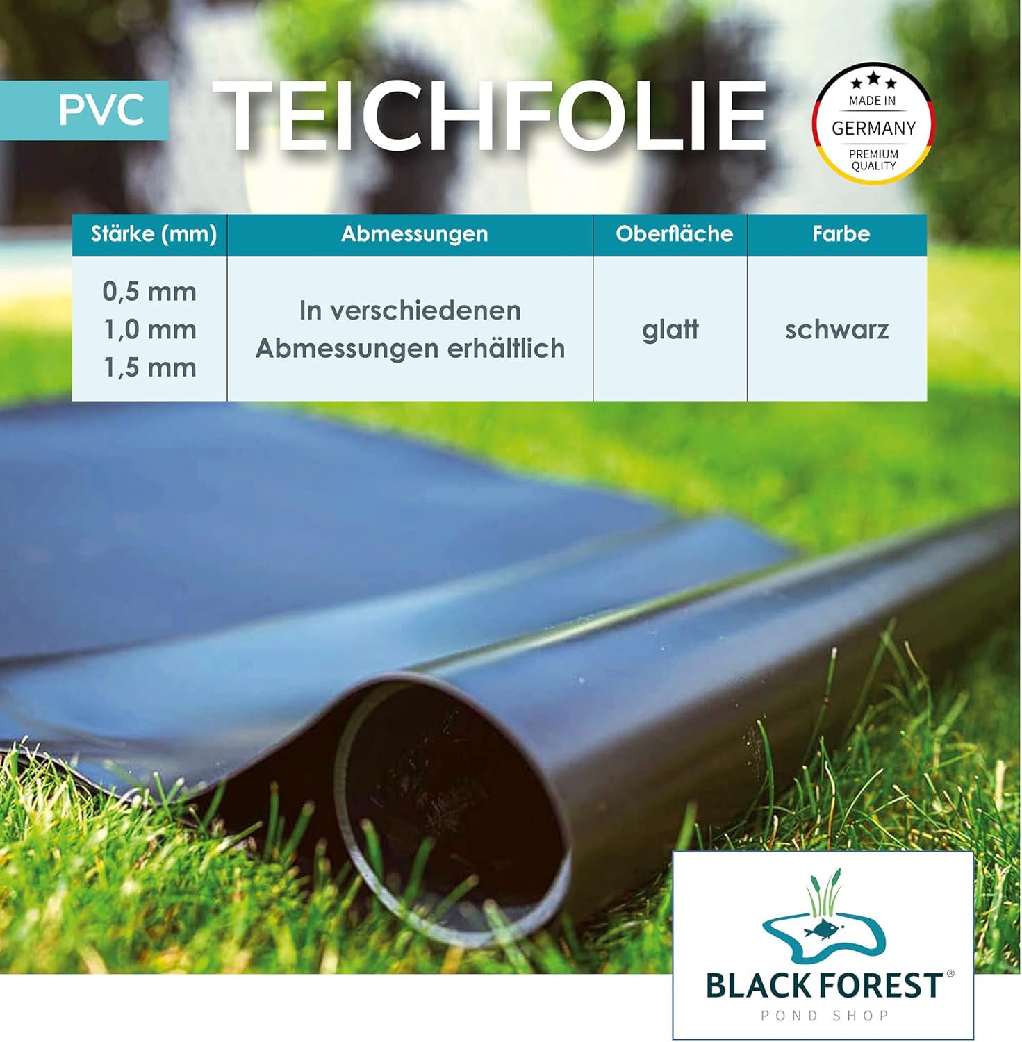 Schwarze PVC Teichfolie 1,50 mm 4 x 5 m für Schwimmteich Gartenteich Badeteich - Made in Germany 4x5m