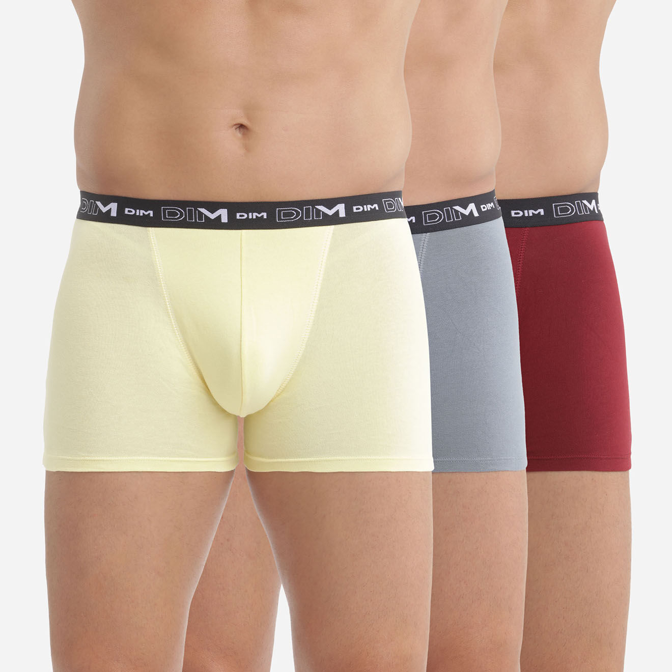 Dim 3 Boxers Coton Stretch citronnelle/rouge/gris souris