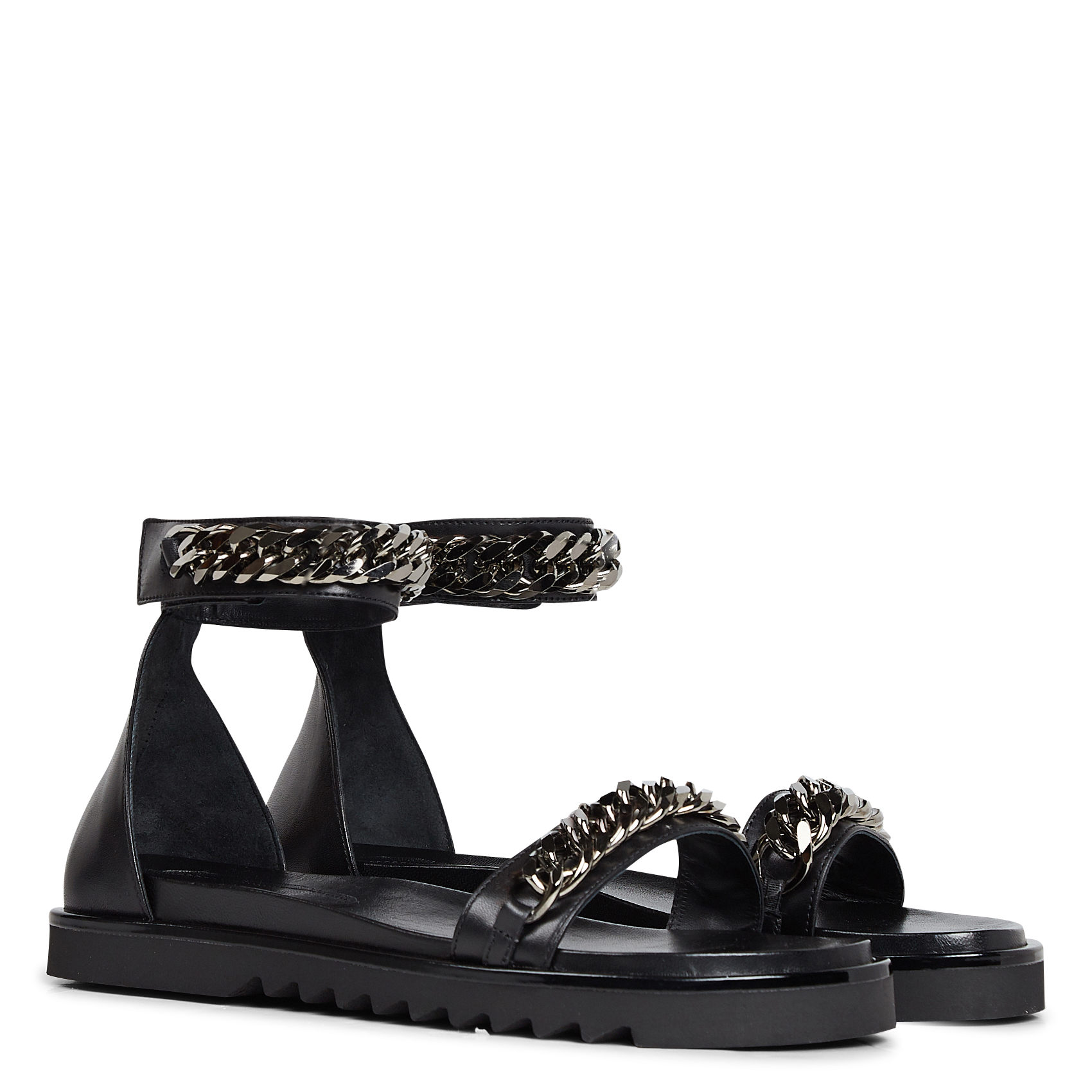Sandales plates en cuir et métal| Noir