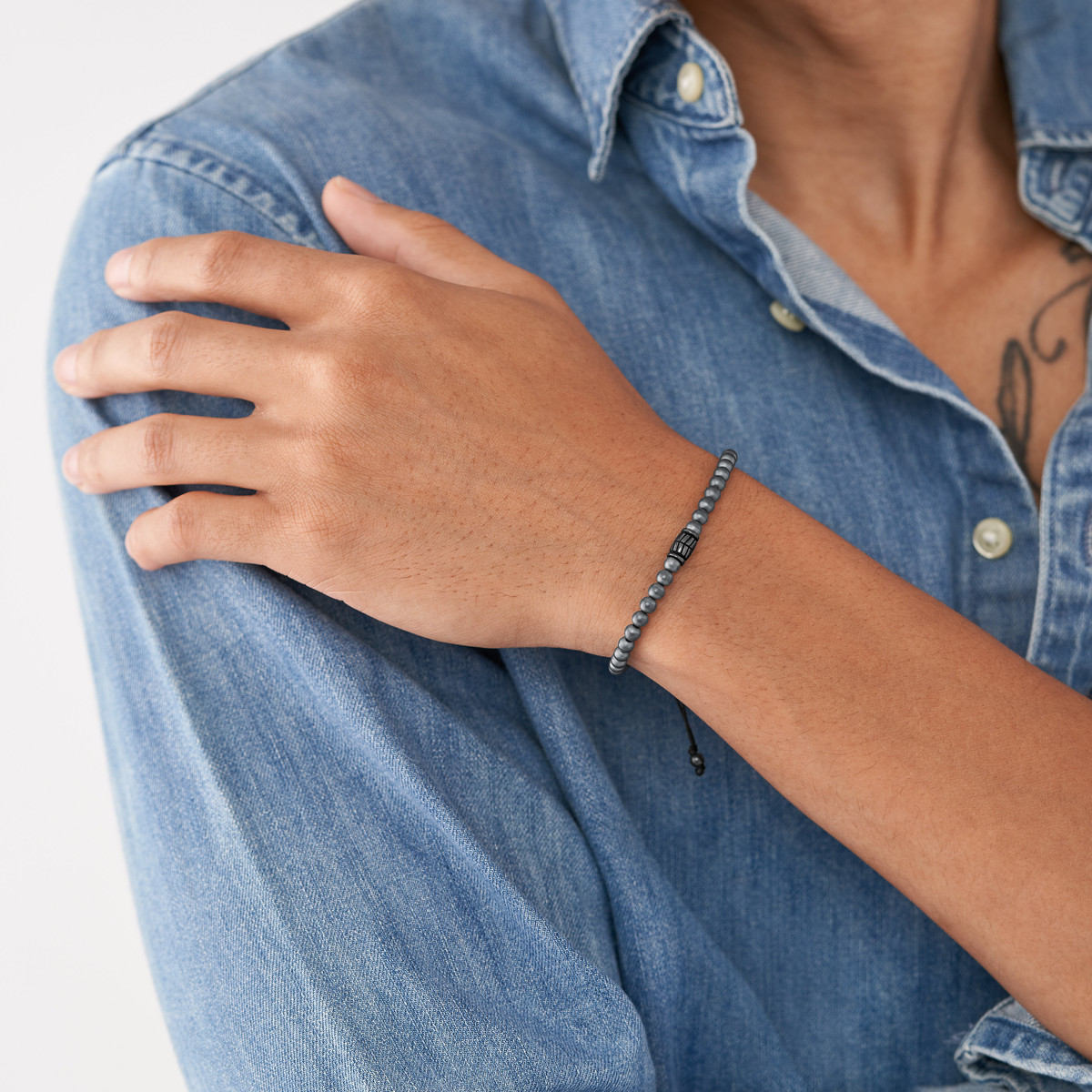 Bracelet FOSSIL acier inoxydable cordon noir hématites
