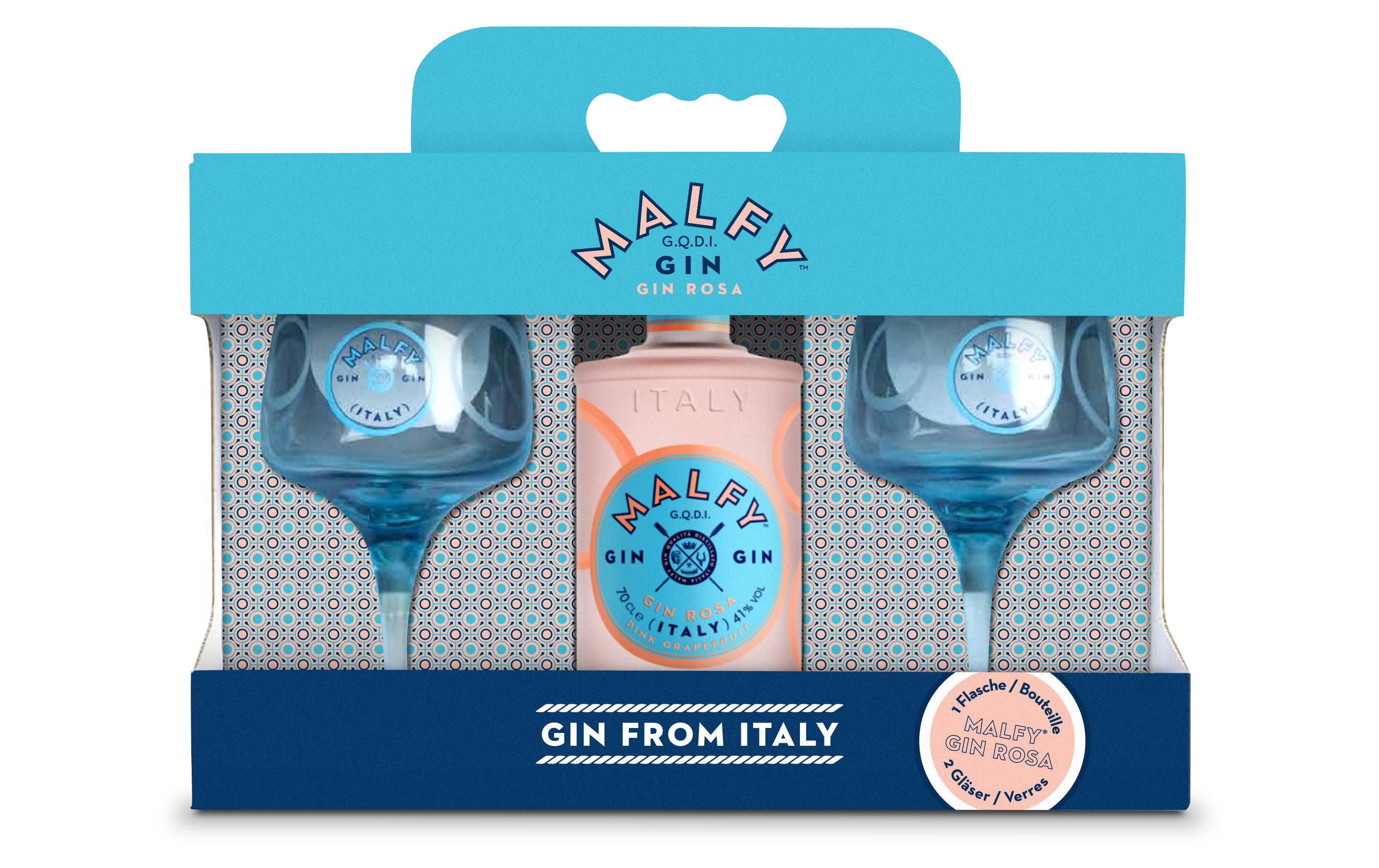 Geschenkset Gin Rosa 0.7 l & 2 GläserGeschenkbox mit fruchtiger Spirituosen Spezialität aus Italien und zwei Gläsern
