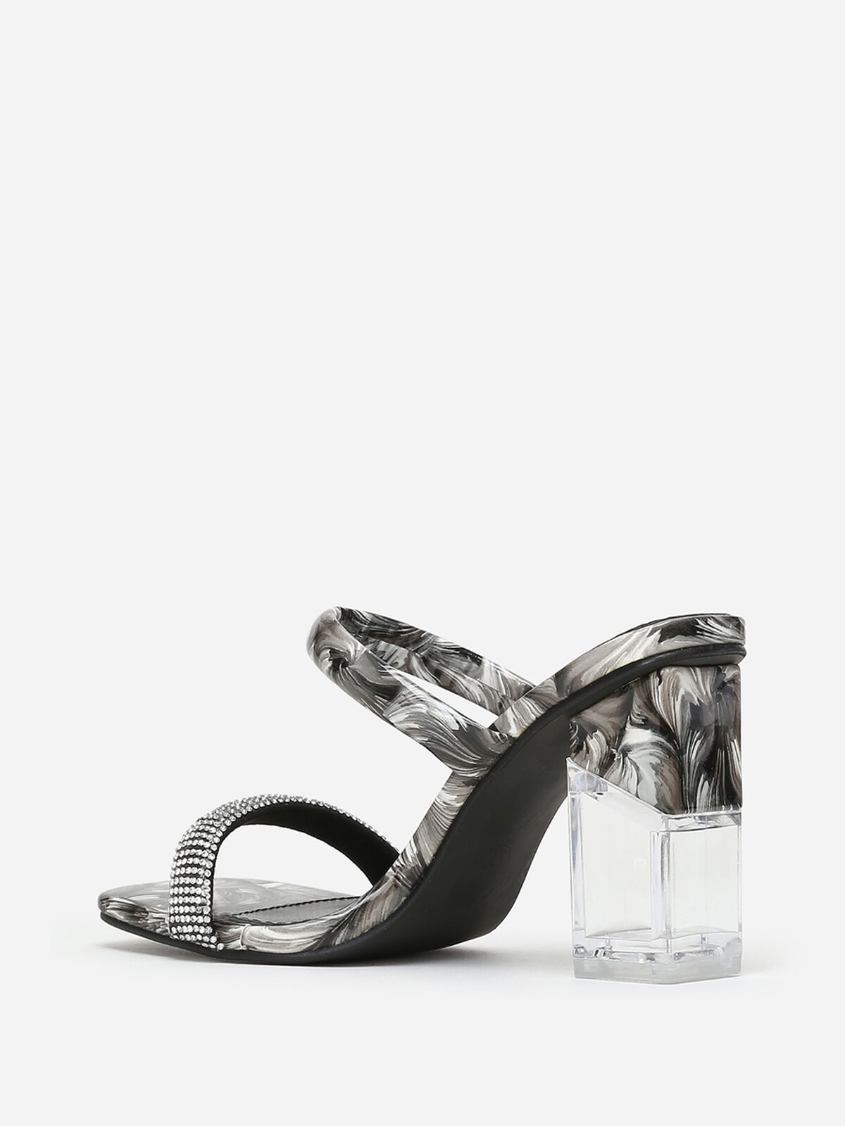Mules marbrées à strass et talon transparent- Noir