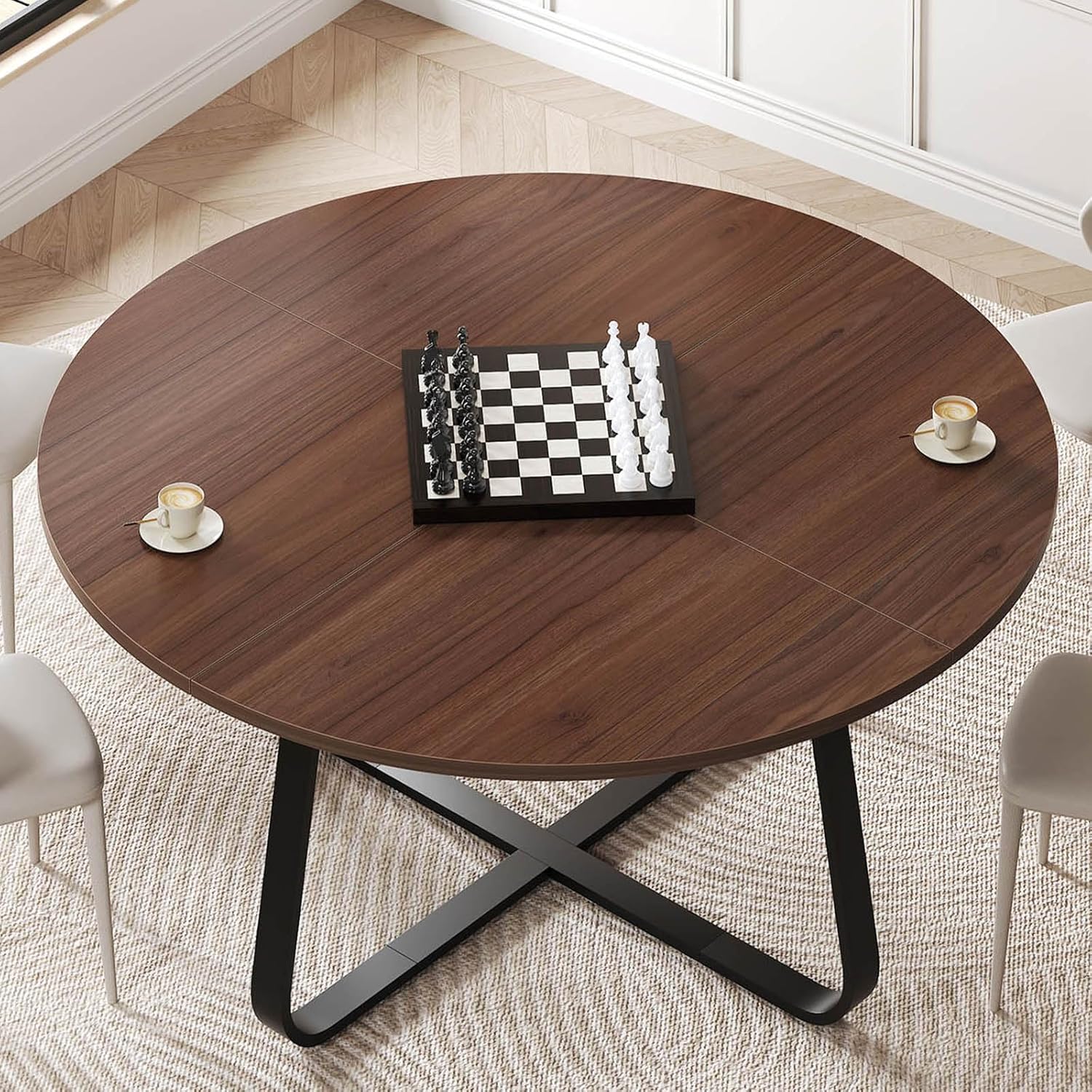 LVB Runder Esstisch, Moderne Küchentische aus Holz, Metall, industrieller Kleiner Esszimmertisch für 4 bis 6 Personen, Kreis, Kaffee-Esszimmertische für Zuhause, Küche, Wohnzimmer, Walnuss, 130 cm YB7735615