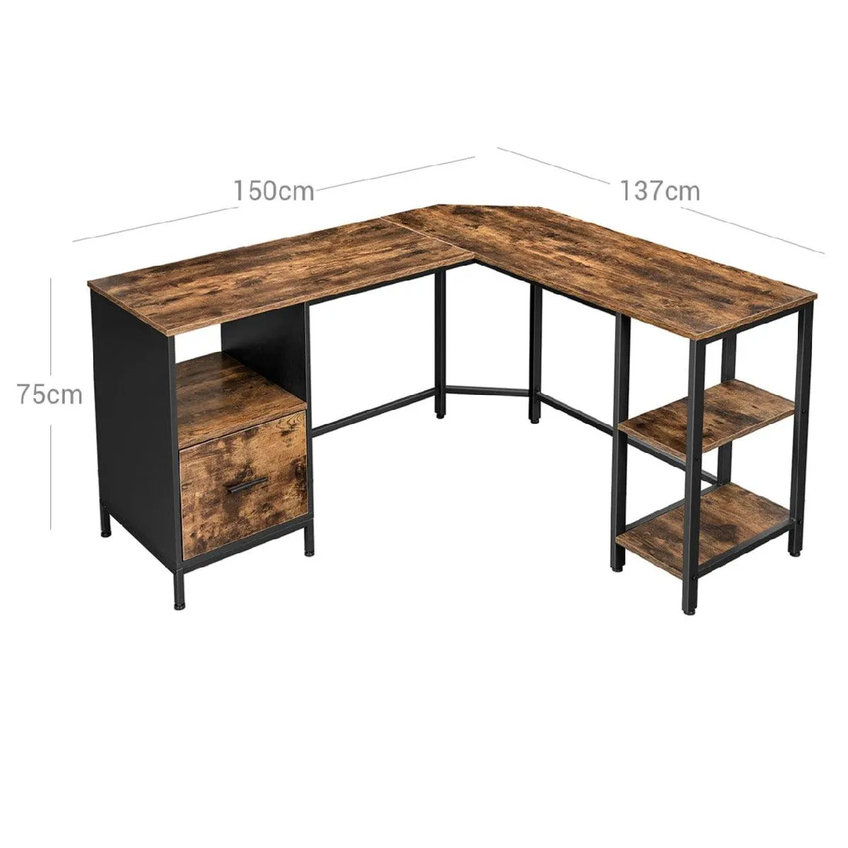 Helloshop26 Bureau d'angle en L brun rustique - 137 x 150 x 75 cm