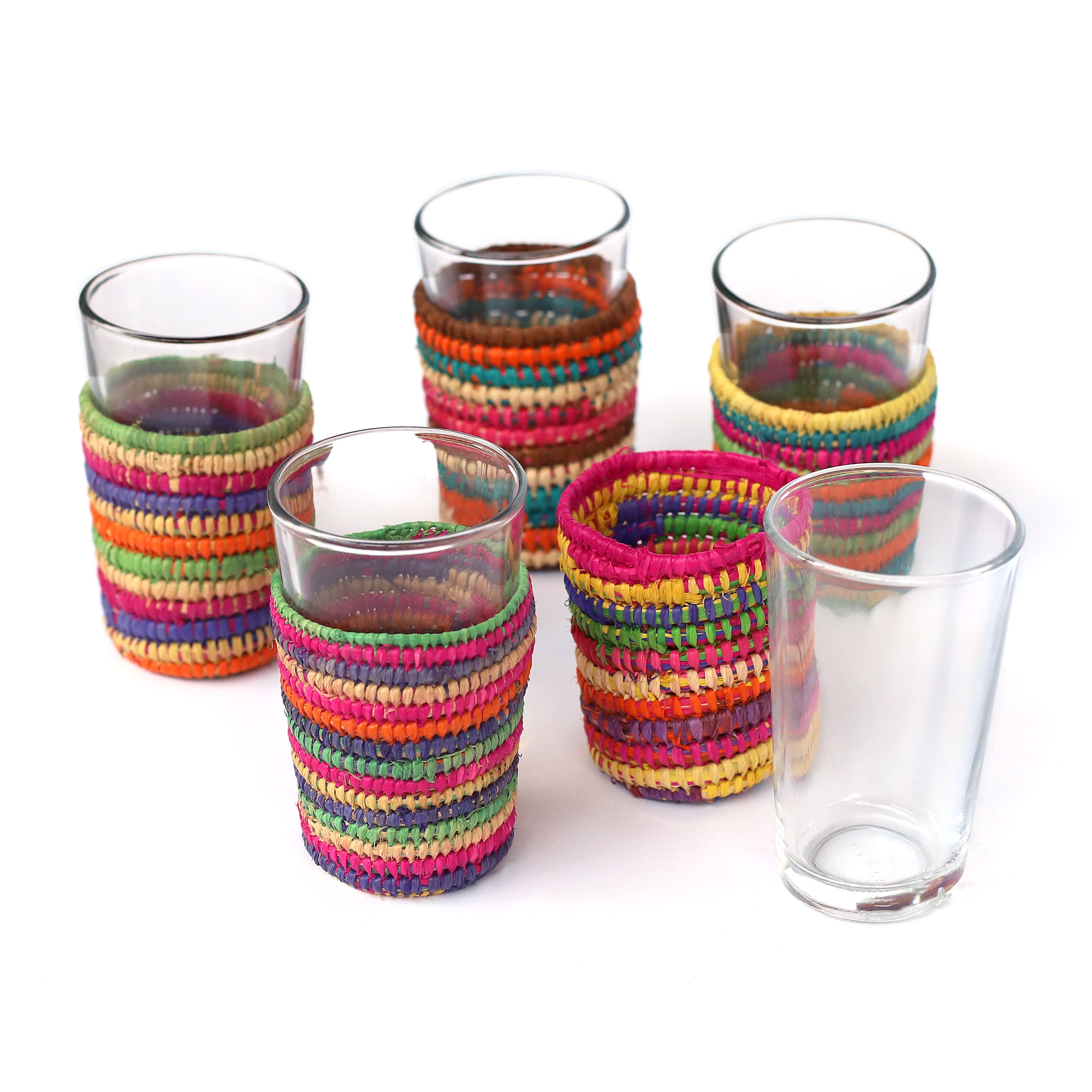 Teeglas mit Bast, multicolor, Ø 5 cm, H 8,5 cm zu 5,80
