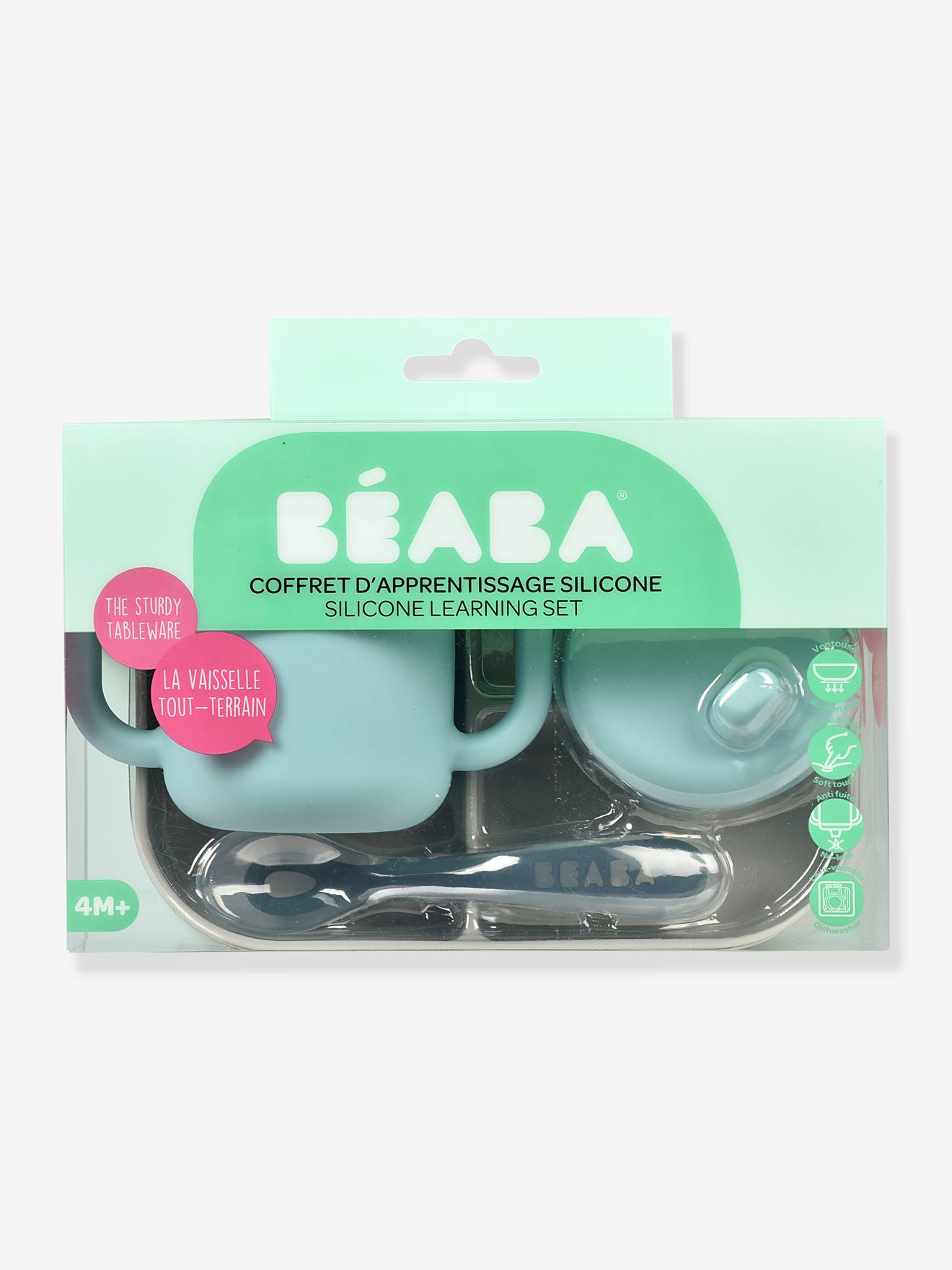 Conjunto de aprendizagem de silicone BEABA com 3 peças, azul