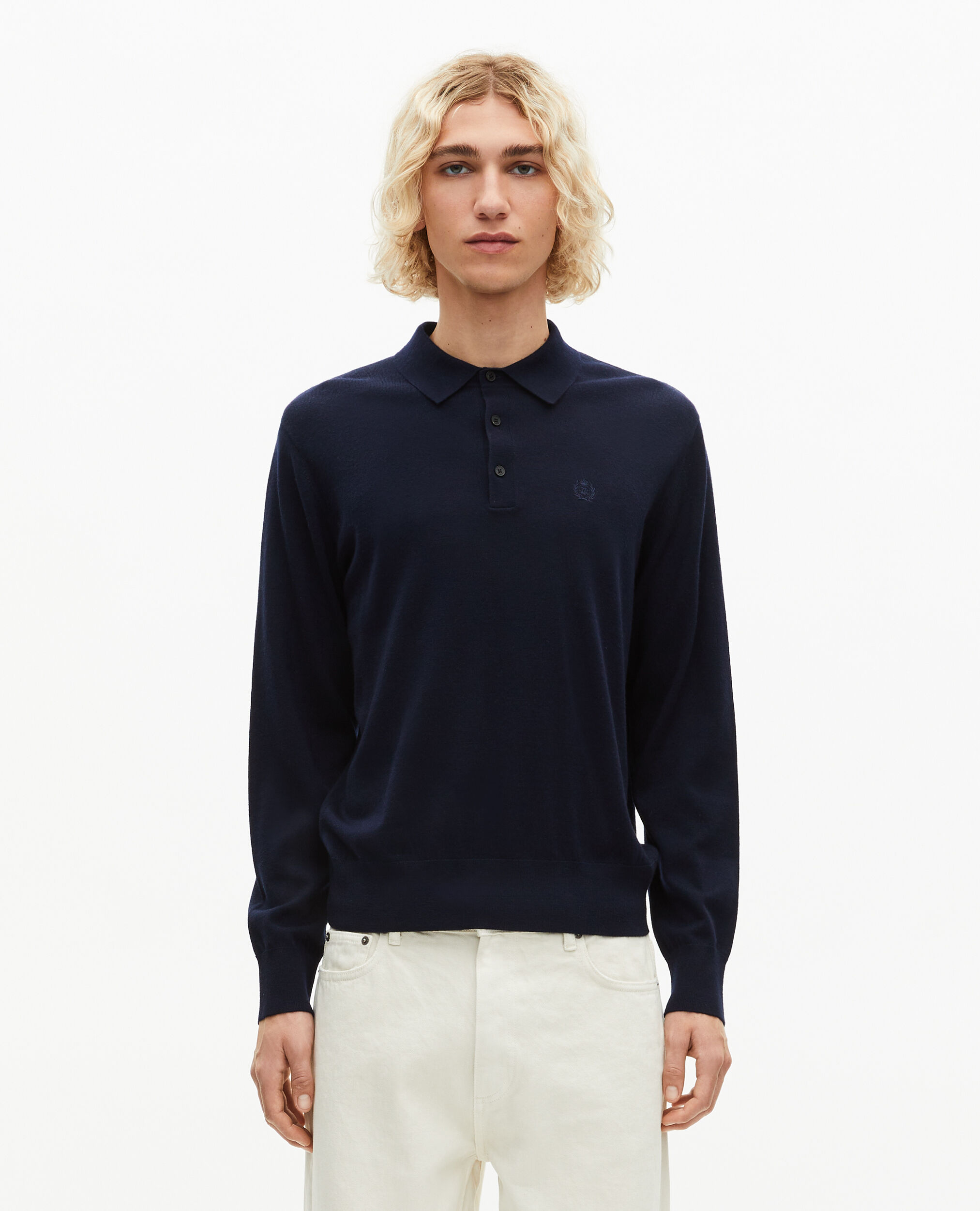 Pull col polo en laine mérinos marine