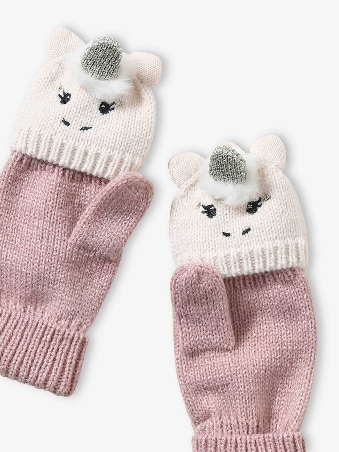 Luvas de tricô com unicórnios/luvas para meninas, lisas, rosa claro com motivos.