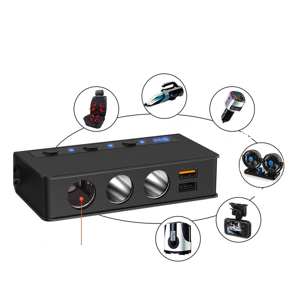 (180W) 3-fach Auto Ladegerät Switch Verteiler Schnellladeadapter für Zigarettenanzünder   4x USB Anschluss - Schwarz