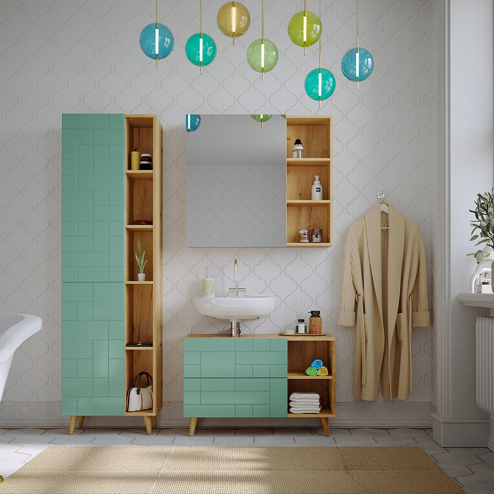 Vicco Badmöbel-Set Rudi in Eiche Evoke Mintgrün, Badezimmer, moderne Badserie Waschbeckenunterschrank Spiegelschrank Hochschrank