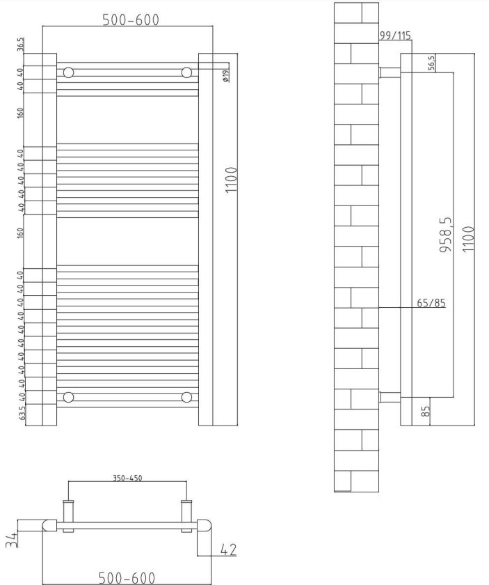 Eastbrook Biava elektrische handdoekradiator 50x110cm 400W zwart mat